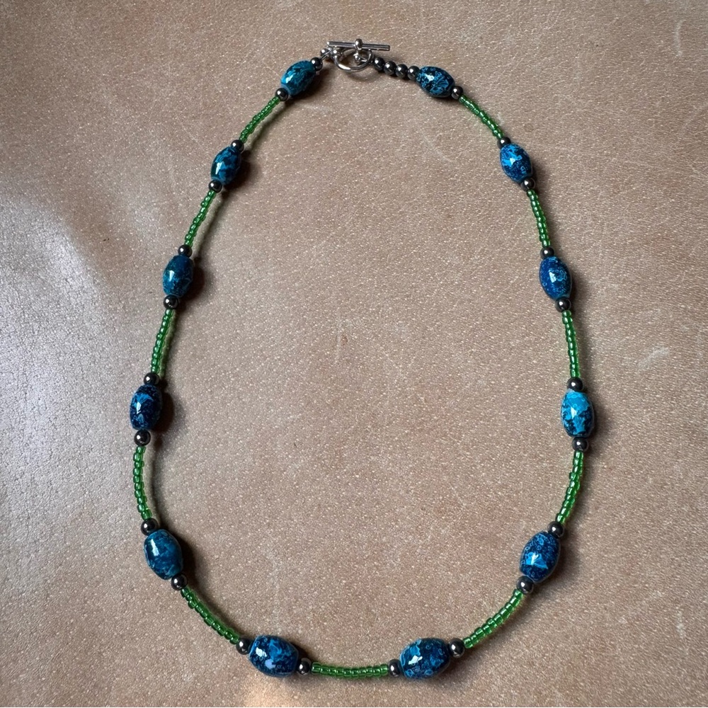 Vintage Blue Green Beaded Necklace handmade hematite ceramic mix layering ocean